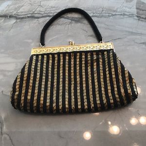 Black And Gold beaded evening bag kiss lock purse Stunning Well Made